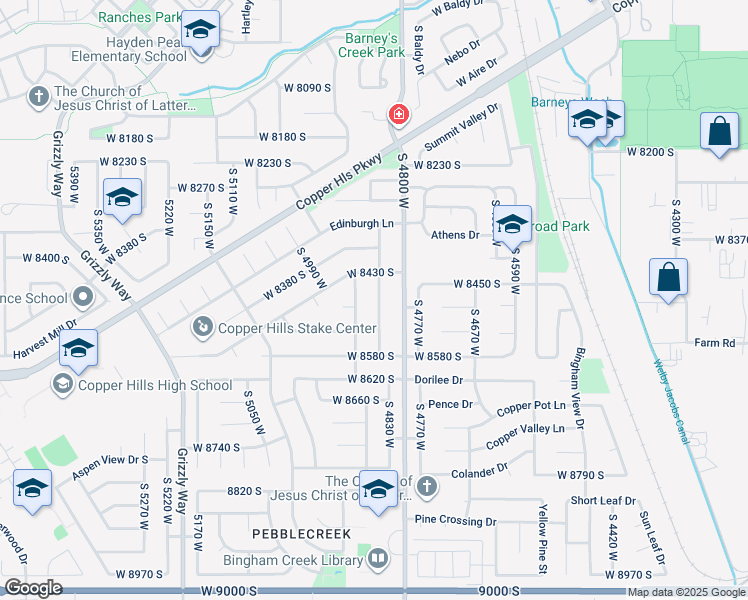 map of restaurants, bars, coffee shops, grocery stores, and more near 8474 McKenzie Lane in West Jordan