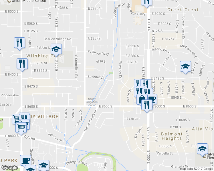 map of restaurants, bars, coffee shops, grocery stores, and more near 8465 Harvard Park Drive in Sandy