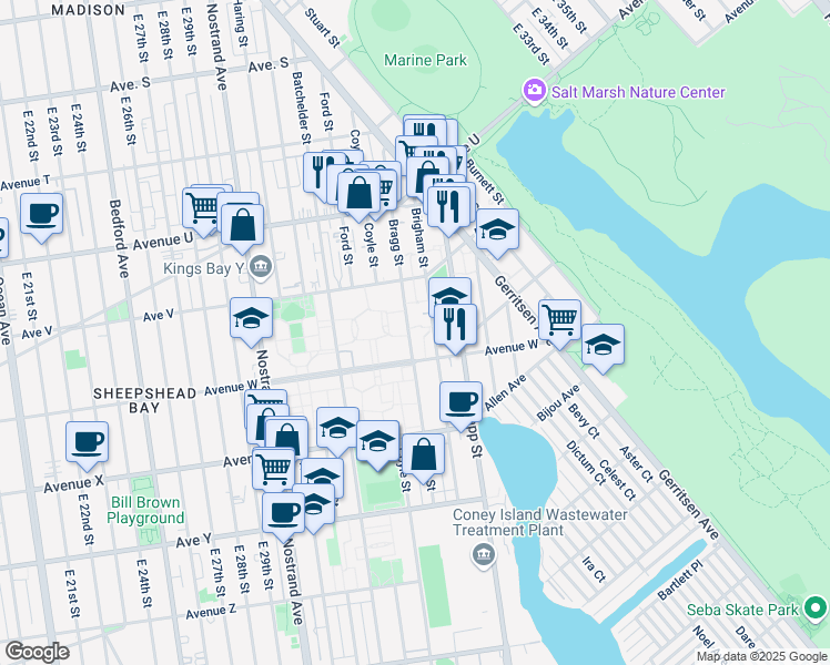 map of restaurants, bars, coffee shops, grocery stores, and more near 2261 Bragg Street in Brooklyn