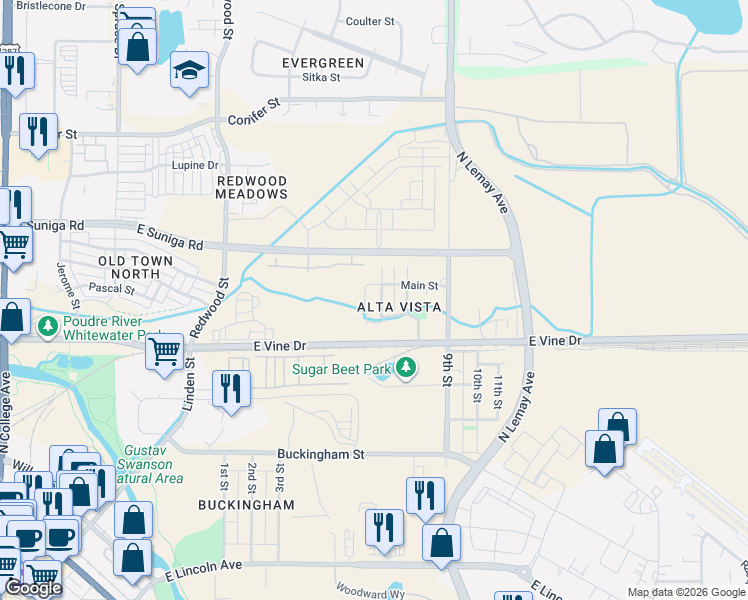 map of restaurants, bars, coffee shops, grocery stores, and more near 745 Martinez Street in Fort Collins