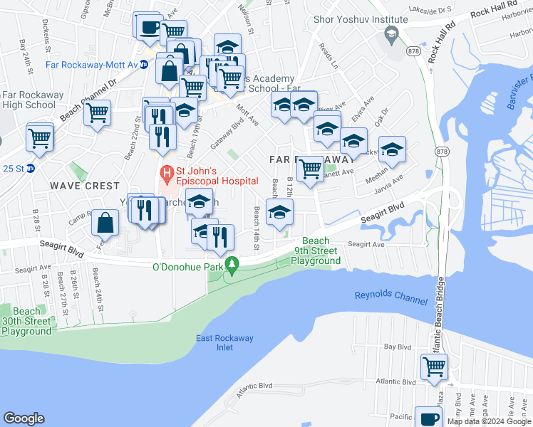 map of restaurants, bars, coffee shops, grocery stores, and more near 13-3 New Haven Avenue in Queens