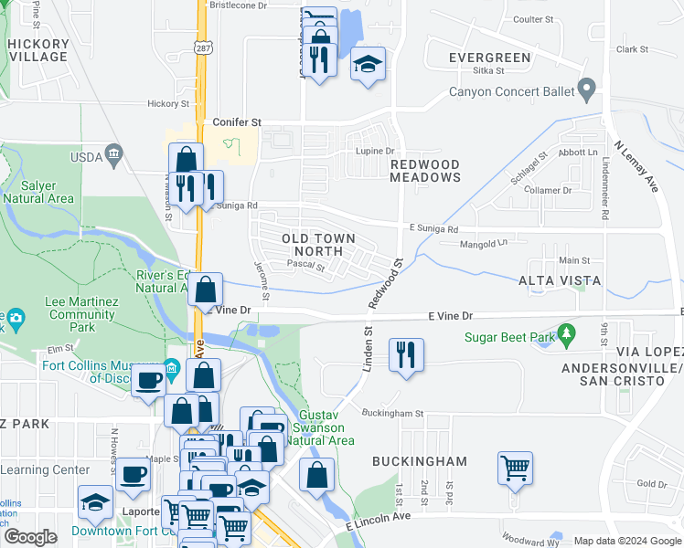 map of restaurants, bars, coffee shops, grocery stores, and more near 803 Heschel Street in Fort Collins