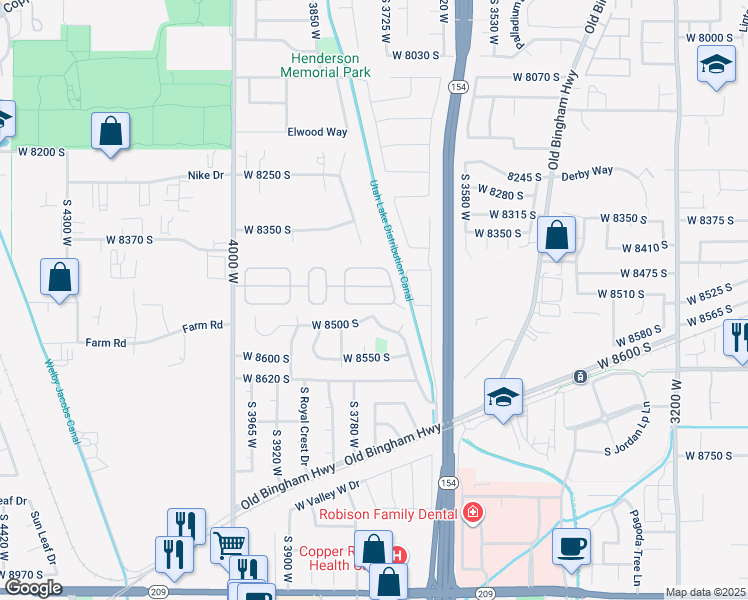map of restaurants, bars, coffee shops, grocery stores, and more near 8400 South 4000 West in West Jordan
