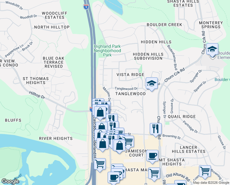 map of restaurants, bars, coffee shops, grocery stores, and more near 711 Mission De Oro Drive in Redding