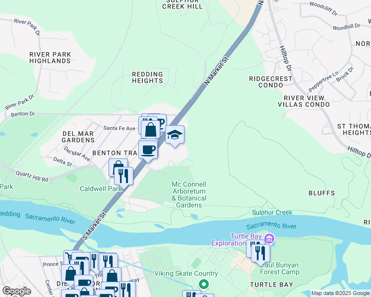 map of restaurants, bars, coffee shops, grocery stores, and more near 1330 Arboretum Drive in Redding