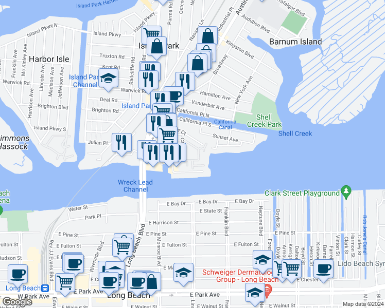 map of restaurants, bars, coffee shops, grocery stores, and more near 4 Baker Court in Barnum Island