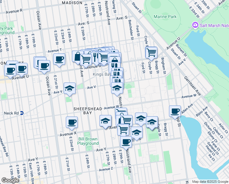 map of restaurants, bars, coffee shops, grocery stores, and more near 2228 East 29th Street in Brooklyn