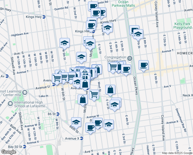 map of restaurants, bars, coffee shops, grocery stores, and more near 1824 Whitney Place in Brooklyn