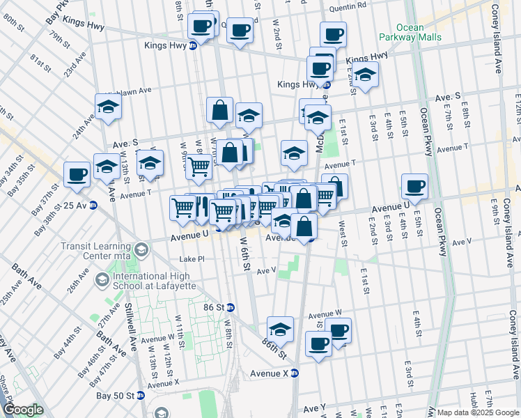 map of restaurants, bars, coffee shops, grocery stores, and more near 2062 West 5th Street in Brooklyn