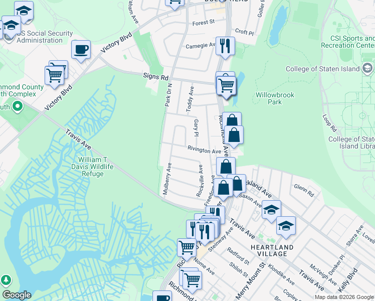 map of restaurants, bars, coffee shops, grocery stores, and more near 100 Rivington Avenue in Staten Island