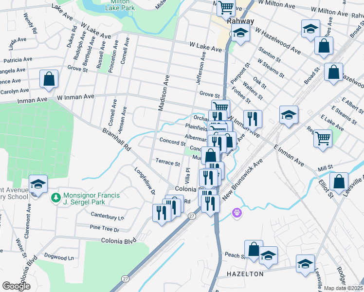 map of restaurants, bars, coffee shops, grocery stores, and more near 283 Jefferson Avenue in Rahway