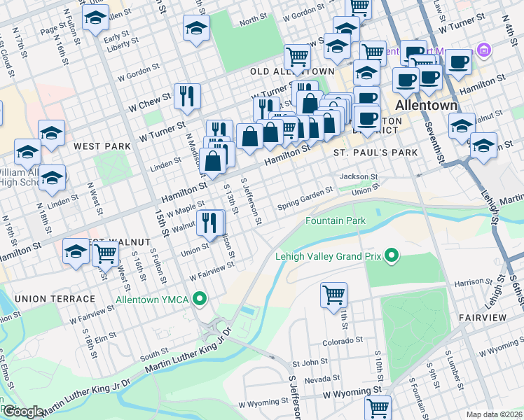 map of restaurants, bars, coffee shops, grocery stores, and more near 1214 Hickory Street in Allentown