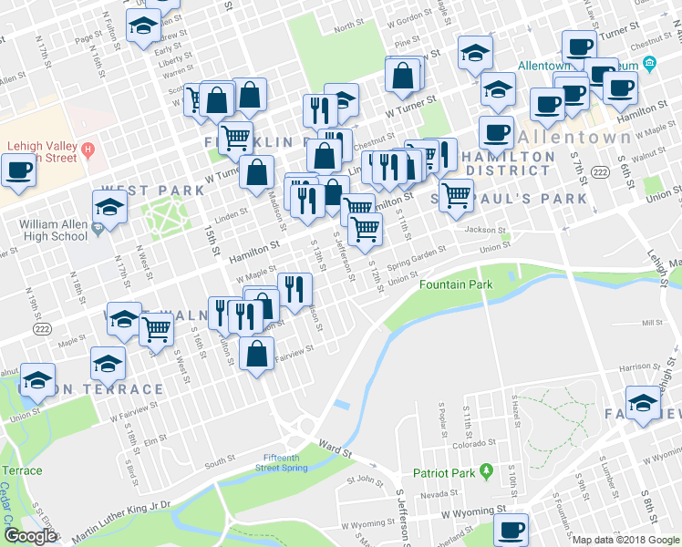 map of restaurants, bars, coffee shops, grocery stores, and more near 1250 Walnut Street in Allentown