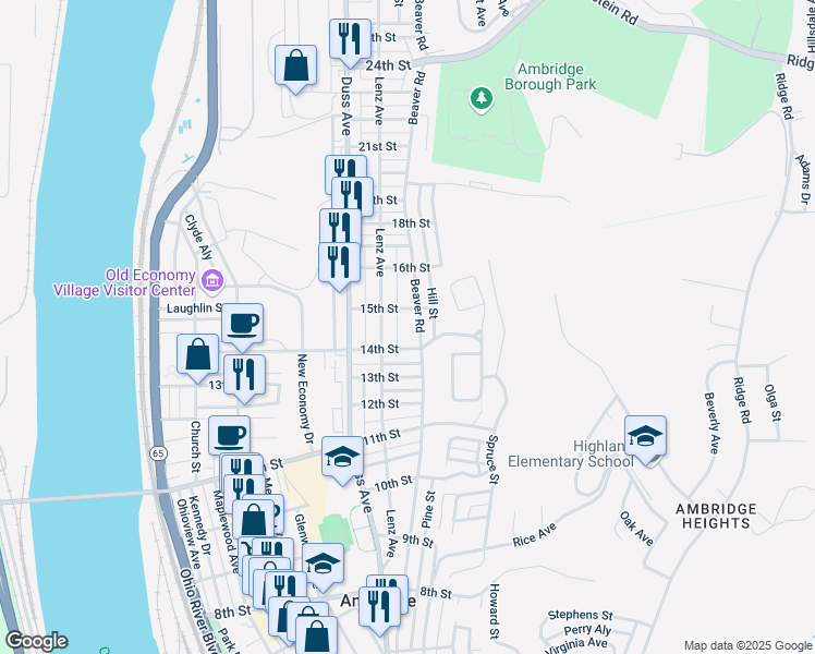 map of restaurants, bars, coffee shops, grocery stores, and more near 1422 Lenz Avenue in Ambridge