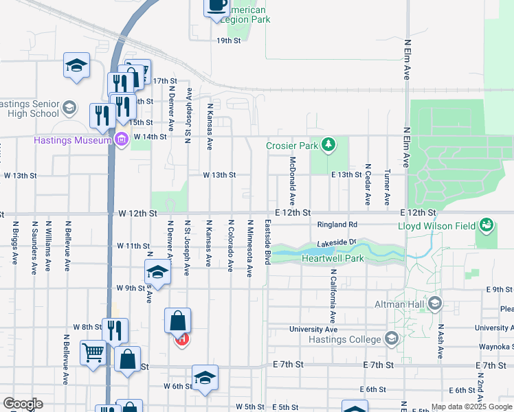 map of restaurants, bars, coffee shops, grocery stores, and more near 1201-1299 N Minnesota Ave in Hastings