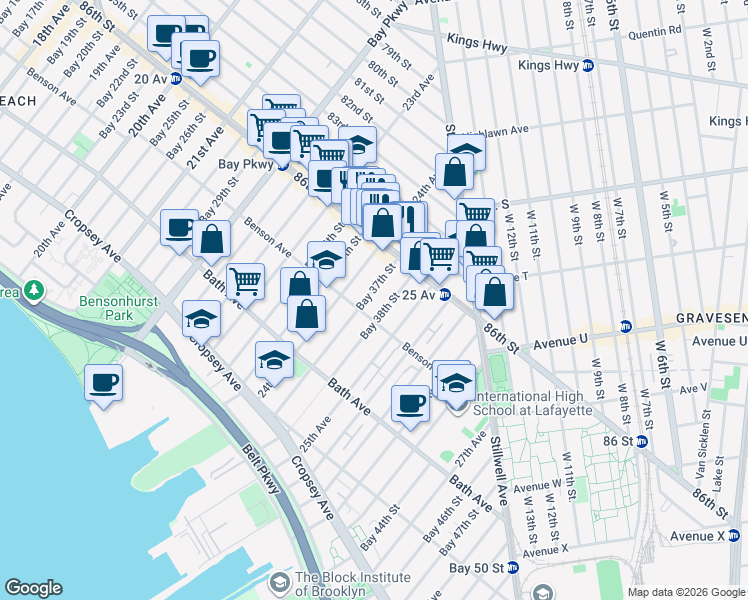 map of restaurants, bars, coffee shops, grocery stores, and more near 67 Bay 37th Street in Brooklyn