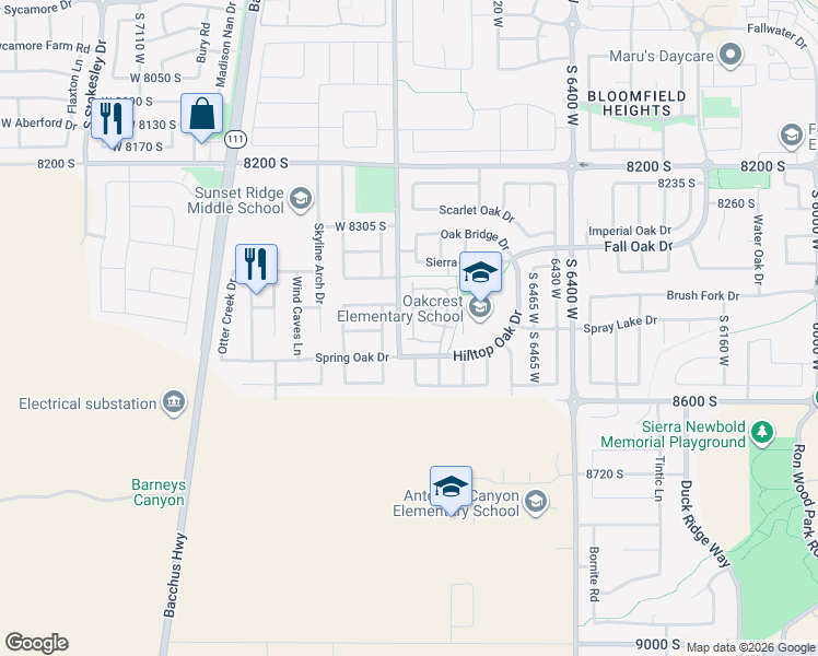 map of restaurants, bars, coffee shops, grocery stores, and more near 8476 Ivy Springs Lane in West Jordan