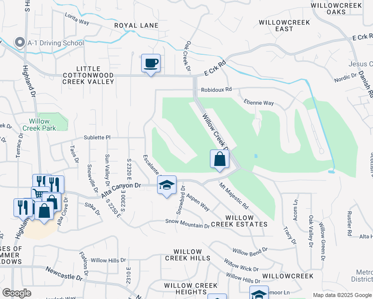 map of restaurants, bars, coffee shops, grocery stores, and more near 2549 Barcelona Drive in Sandy