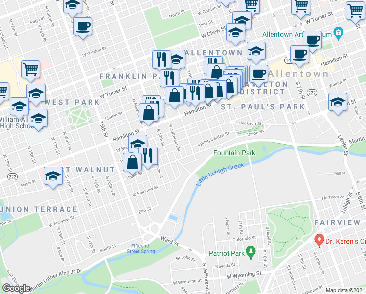 map of restaurants, bars, coffee shops, grocery stores, and more near 1214 Hickory Street in Allentown