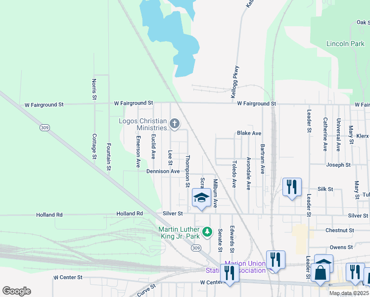 map of restaurants, bars, coffee shops, grocery stores, and more near 529 Thompson Street in Marion