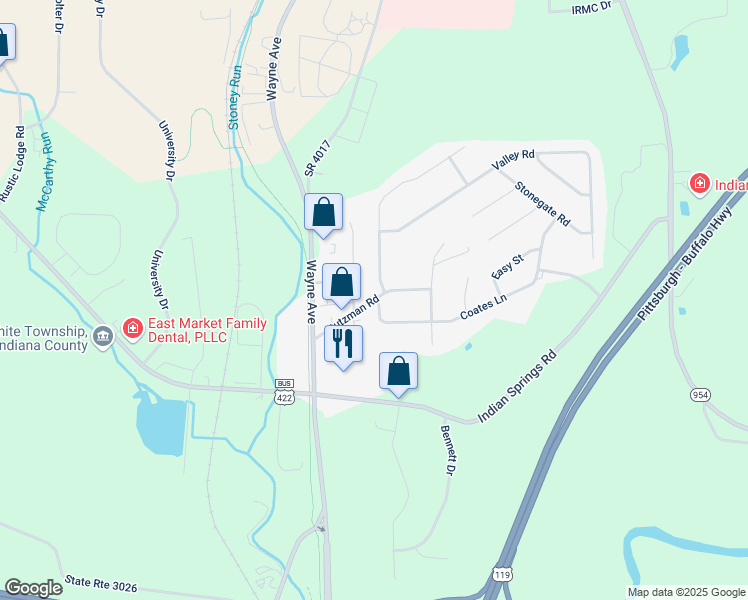 map of restaurants, bars, coffee shops, grocery stores, and more near 694 Stutzman Road in Indiana