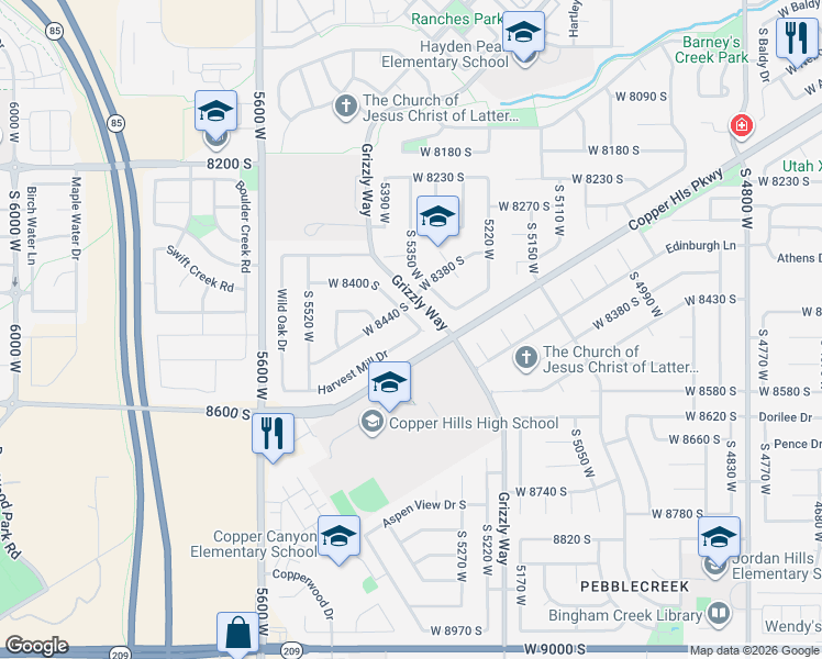 map of restaurants, bars, coffee shops, grocery stores, and more near 8468 Windmill Dr in West Jordan