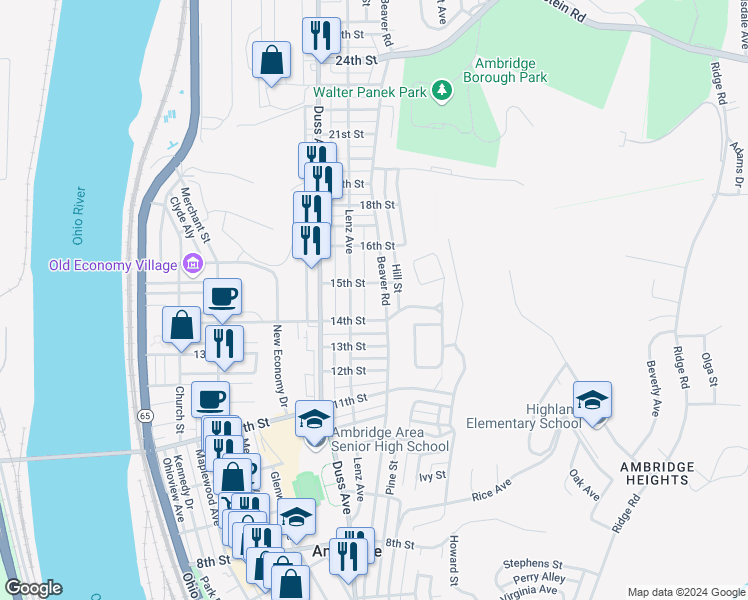 map of restaurants, bars, coffee shops, grocery stores, and more near 1422 Lenz Avenue in Ambridge