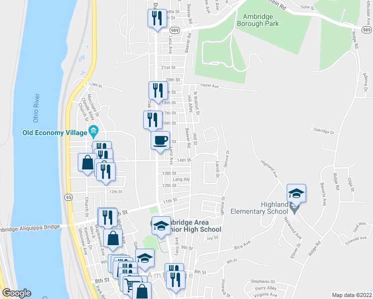 map of restaurants, bars, coffee shops, grocery stores, and more near 1423 Beaver Road in Ambridge