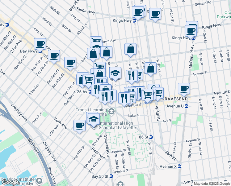 map of restaurants, bars, coffee shops, grocery stores, and more near 2031 West 12th Street in Brooklyn
