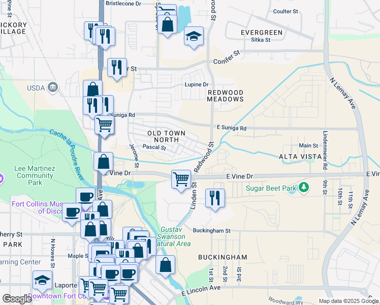 map of restaurants, bars, coffee shops, grocery stores, and more near 509 Cajetan Street in Fort Collins