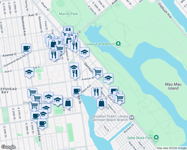 map of restaurants, bars, coffee shops, grocery stores, and more near 2446 Gerritsen Avenue in Brooklyn
