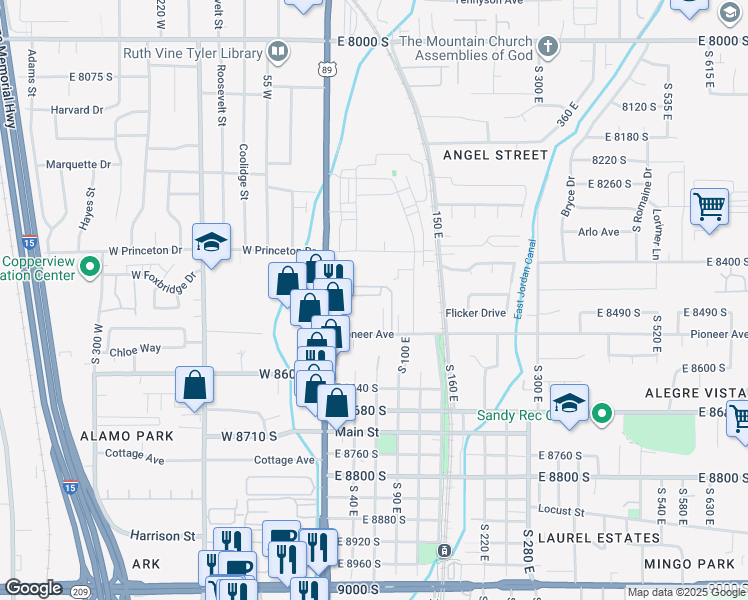map of restaurants, bars, coffee shops, grocery stores, and more near 56 Apollo Way in Sandy