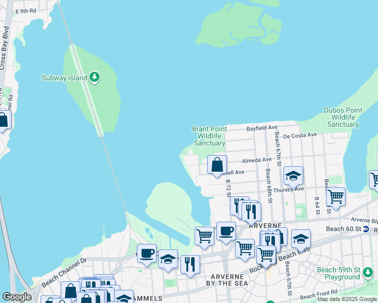 map of restaurants, bars, coffee shops, grocery stores, and more near 74-20 Hillmeyer Avenue in Queens