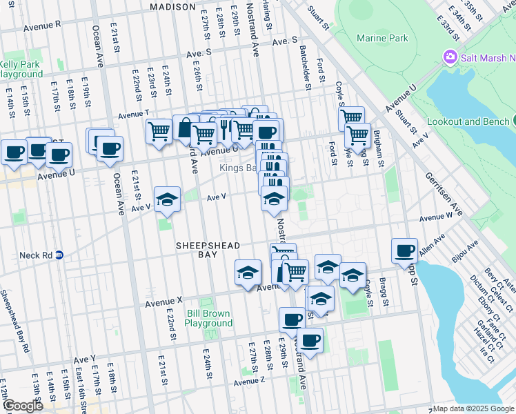 map of restaurants, bars, coffee shops, grocery stores, and more near 2228 East 29th Street in Brooklyn