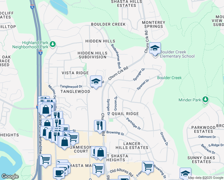 map of restaurants, bars, coffee shops, grocery stores, and more near 1227 Whistling Drive in Redding