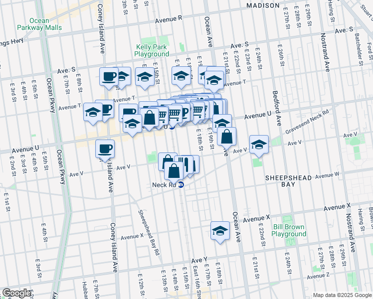 map of restaurants, bars, coffee shops, grocery stores, and more near 2164 East 17th Street in Brooklyn
