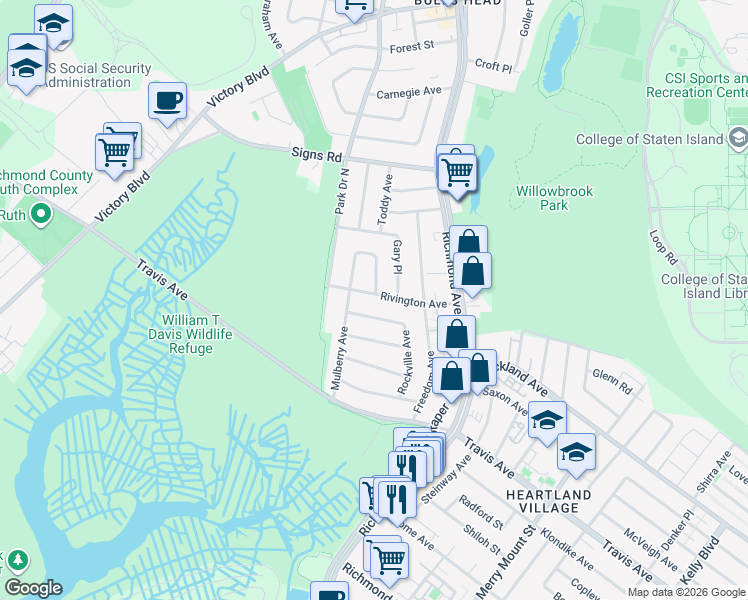 map of restaurants, bars, coffee shops, grocery stores, and more near 100 Rivington Avenue in Staten Island