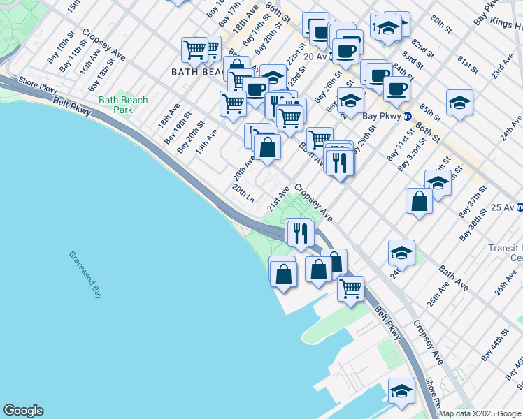 map of restaurants, bars, coffee shops, grocery stores, and more near 1535 Shore Parkway in Brooklyn