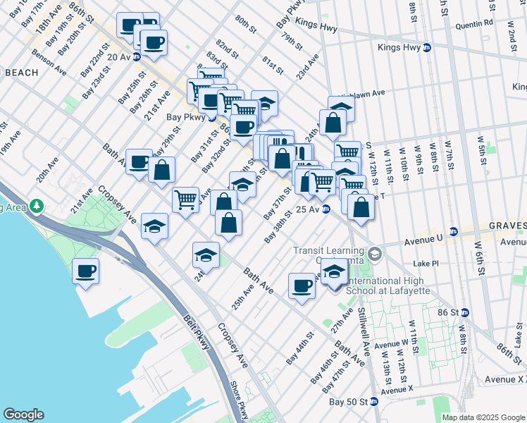 map of restaurants, bars, coffee shops, grocery stores, and more near 2415 Benson Avenue in Brooklyn