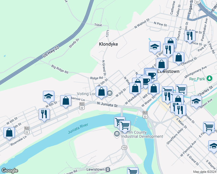 map of restaurants, bars, coffee shops, grocery stores, and more near 113 West 4th Street in Lewistown