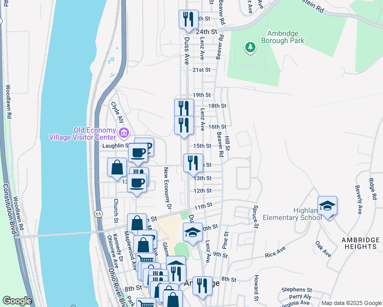 map of restaurants, bars, coffee shops, grocery stores, and more near 1422 Duss Avenue in Ambridge