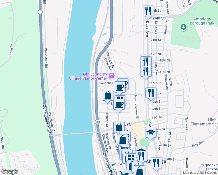 map of restaurants, bars, coffee shops, grocery stores, and more near 262 15th Street in Ambridge