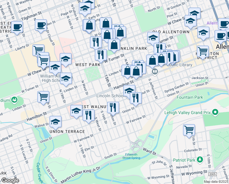 map of restaurants, bars, coffee shops, grocery stores, and more near 1444 Hamilton Street in Allentown