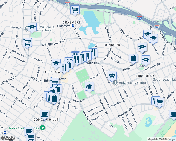 map of restaurants, bars, coffee shops, grocery stores, and more near 34 Mallory Avenue in Staten Island
