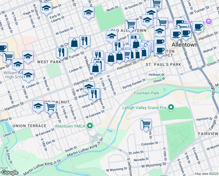 map of restaurants, bars, coffee shops, grocery stores, and more near 1236 Walnut Street in Allentown