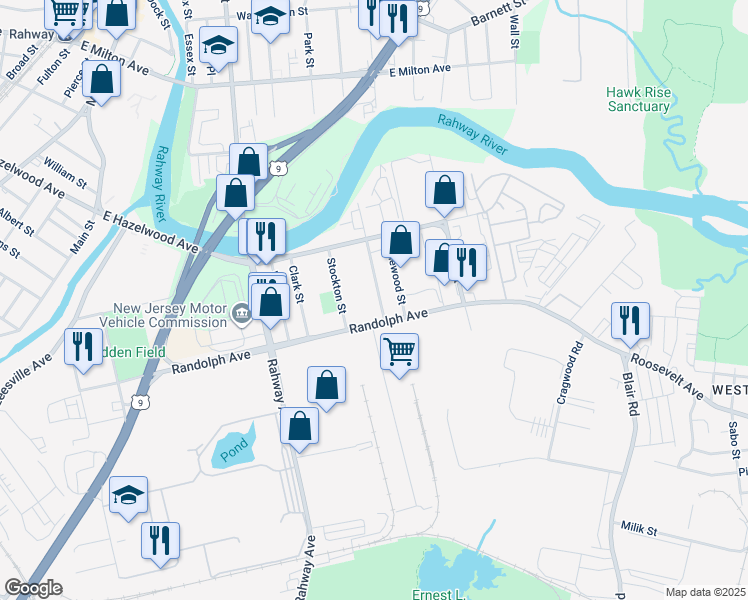 map of restaurants, bars, coffee shops, grocery stores, and more near 1374 Witherspoon Street in Rahway