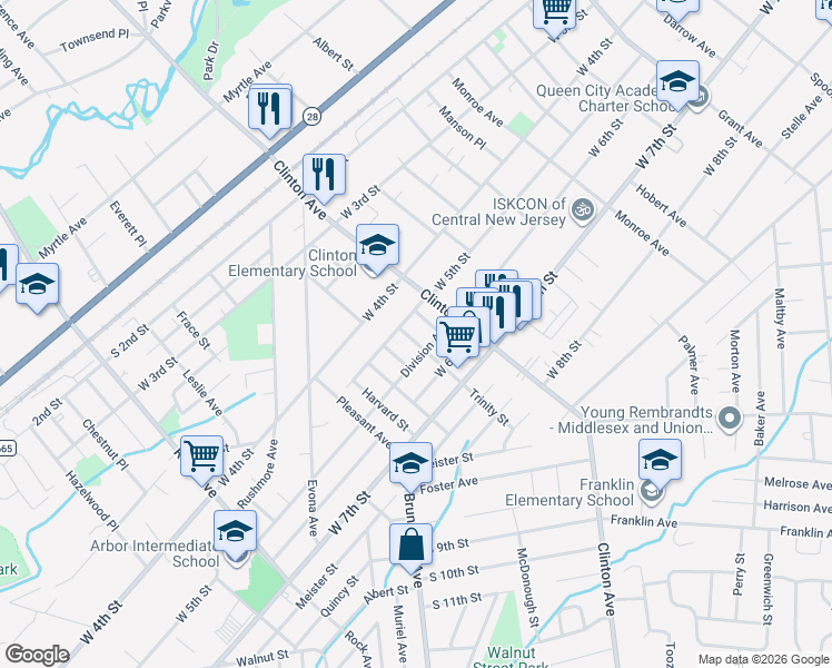 map of restaurants, bars, coffee shops, grocery stores, and more near 513 Trinity Street in Plainfield