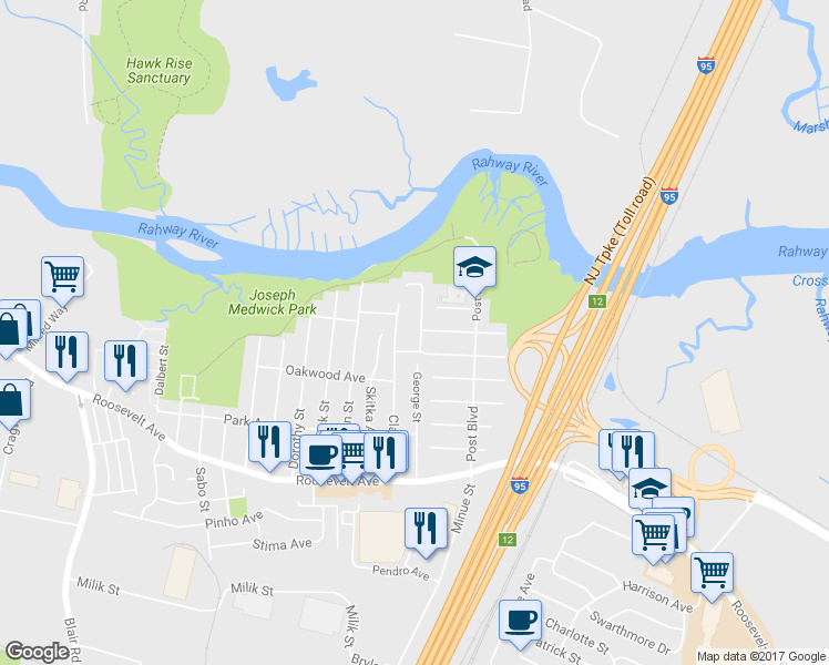map of restaurants, bars, coffee shops, grocery stores, and more near 79 George Street in Carteret