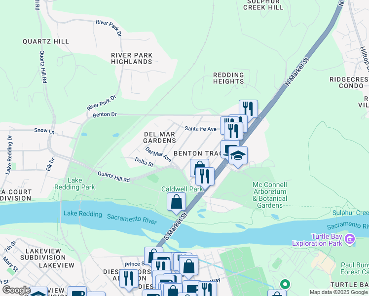 map of restaurants, bars, coffee shops, grocery stores, and more near 779 Delta Street in Redding