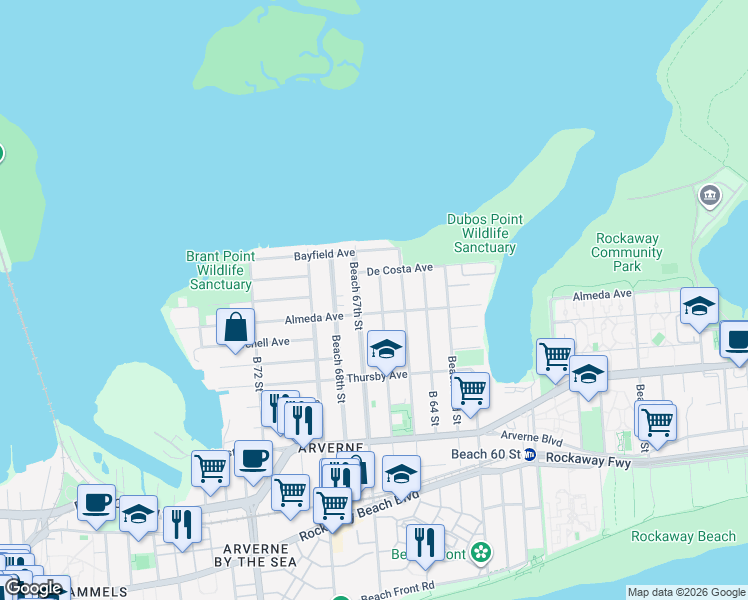 map of restaurants, bars, coffee shops, grocery stores, and more near 615 Beach 66th Street in Queens